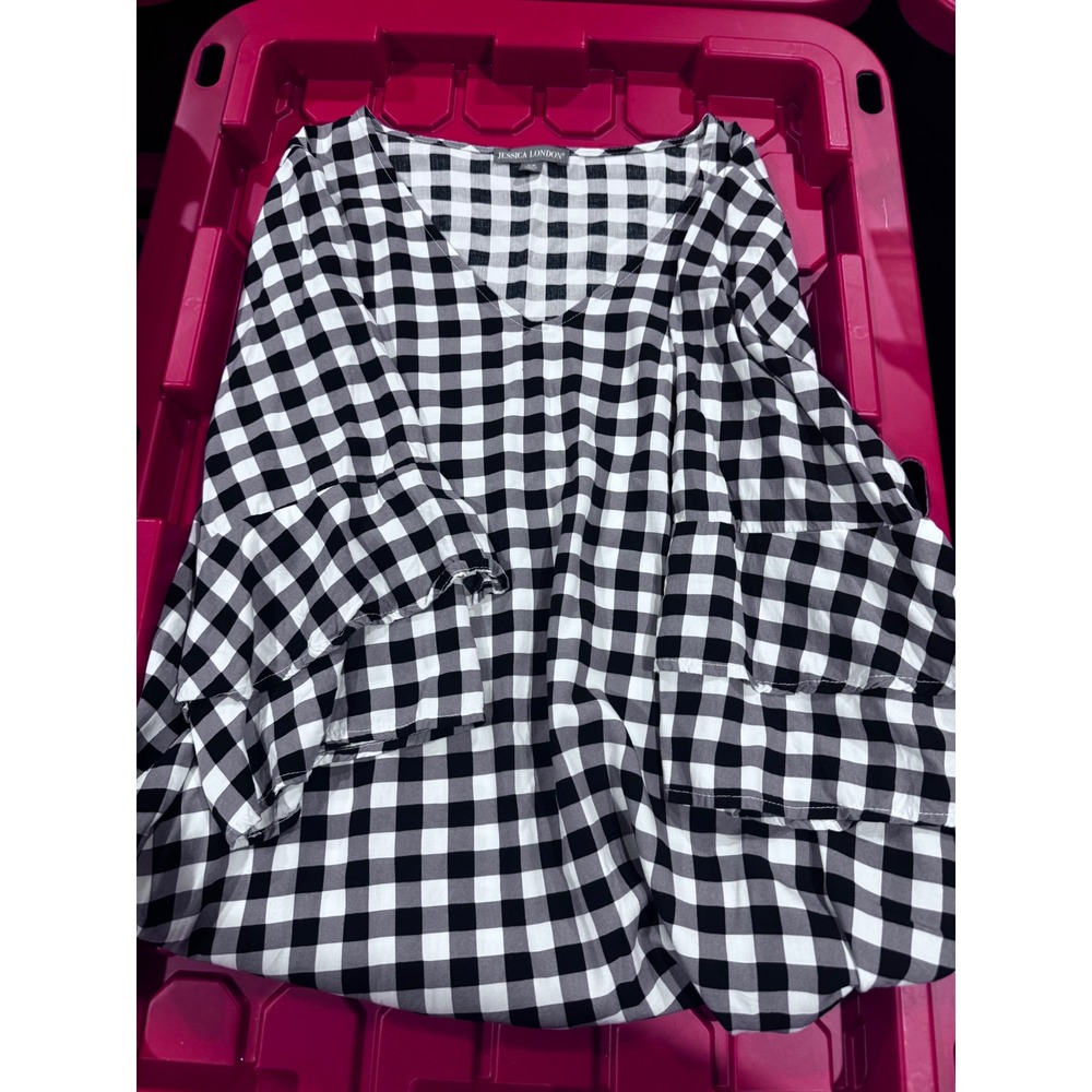 Jessica London Womens 16W Gingham V-Neck Bell Sleeve Blouse Black White Plaid
